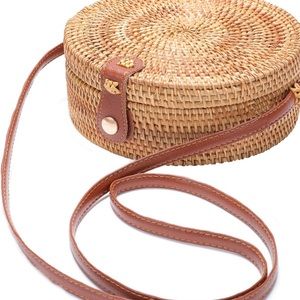 Handwoven Round Rattan Bag Shoulder Leather Straps Natural Chic Hand